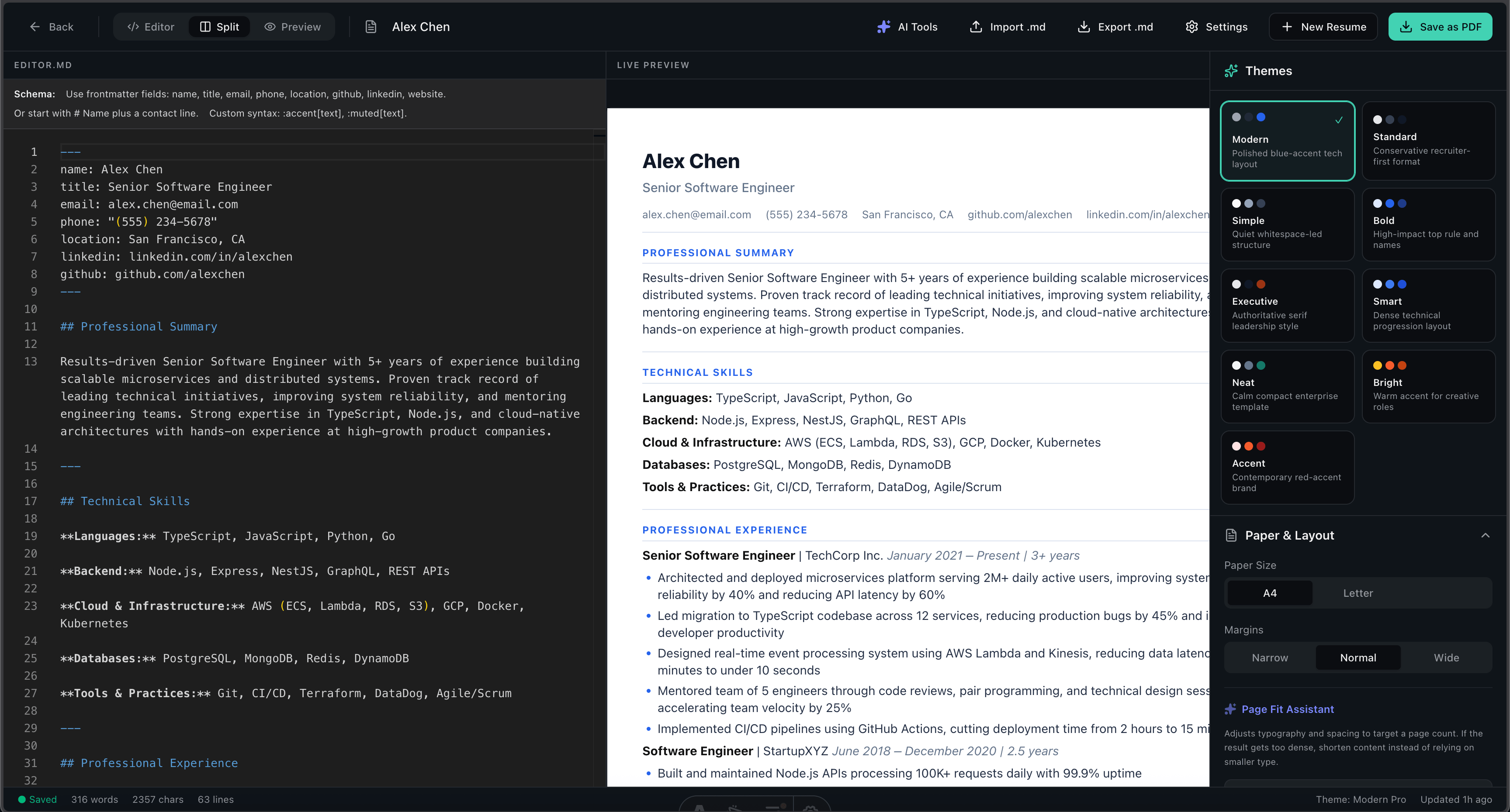 MDResume split editor with Markdown on the left and live resume preview on the right